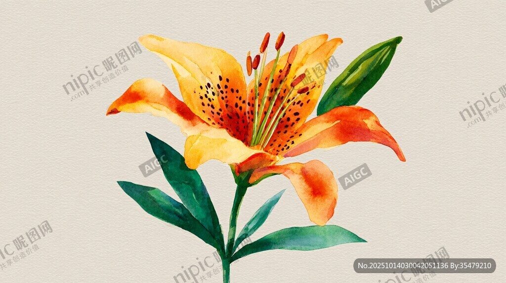 水彩绘橙色百合花