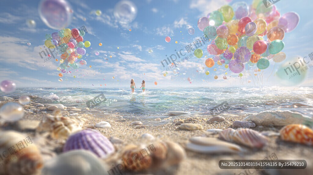 海边气球下的浪漫漫步