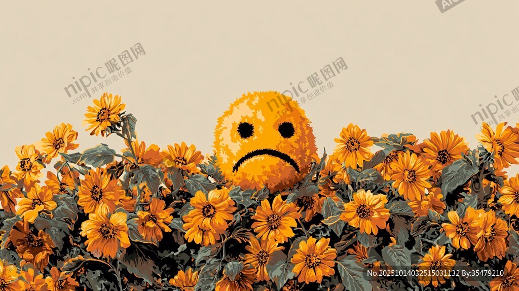 悲伤表情藏于绚烂花丛中