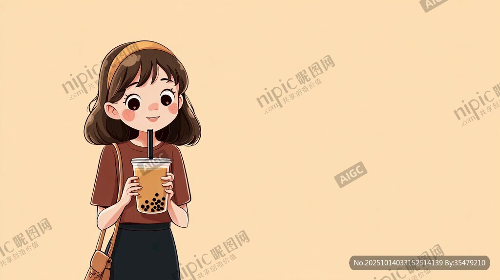 女孩开心喝珍珠奶茶