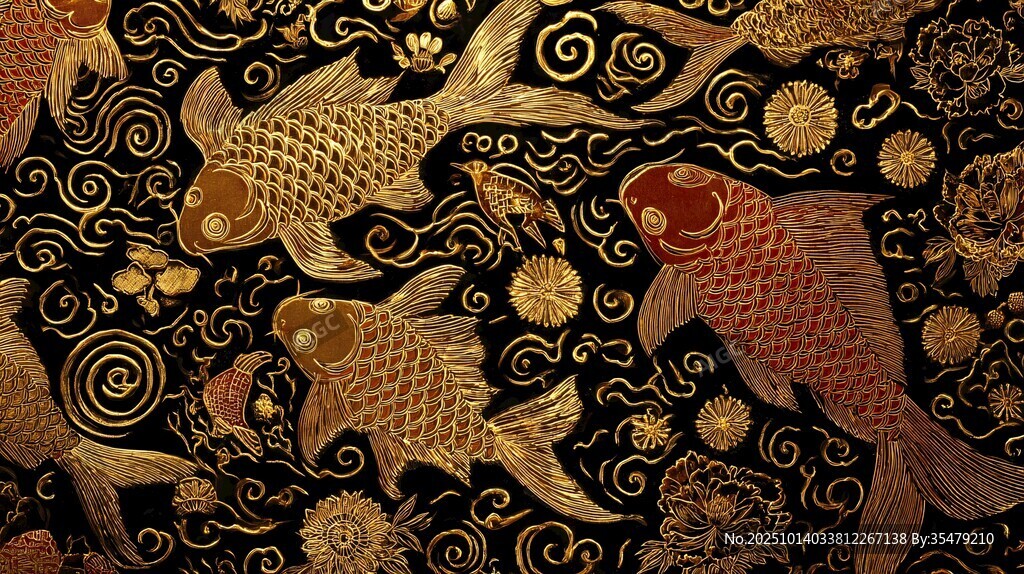 黑金锦鲤中式华丽纹饰