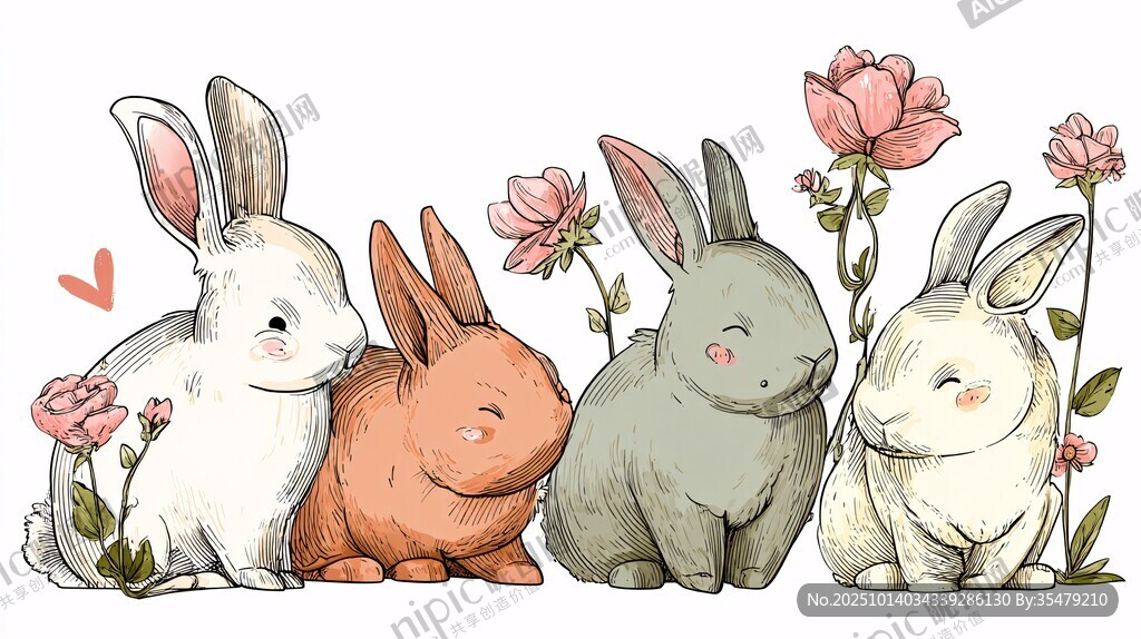 四只萌兔与鲜花同框