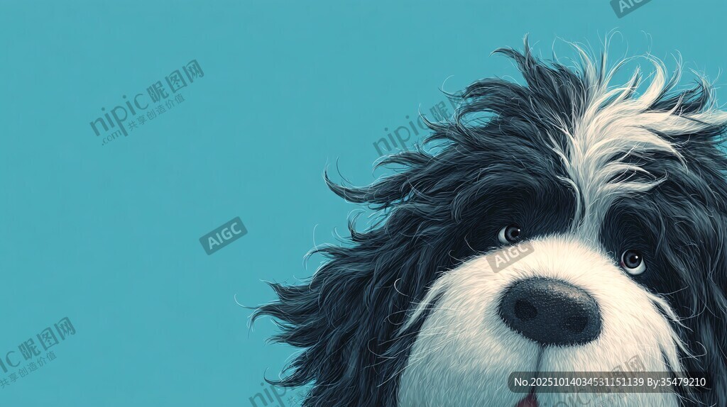 可爱黑白卷毛狗狗特写