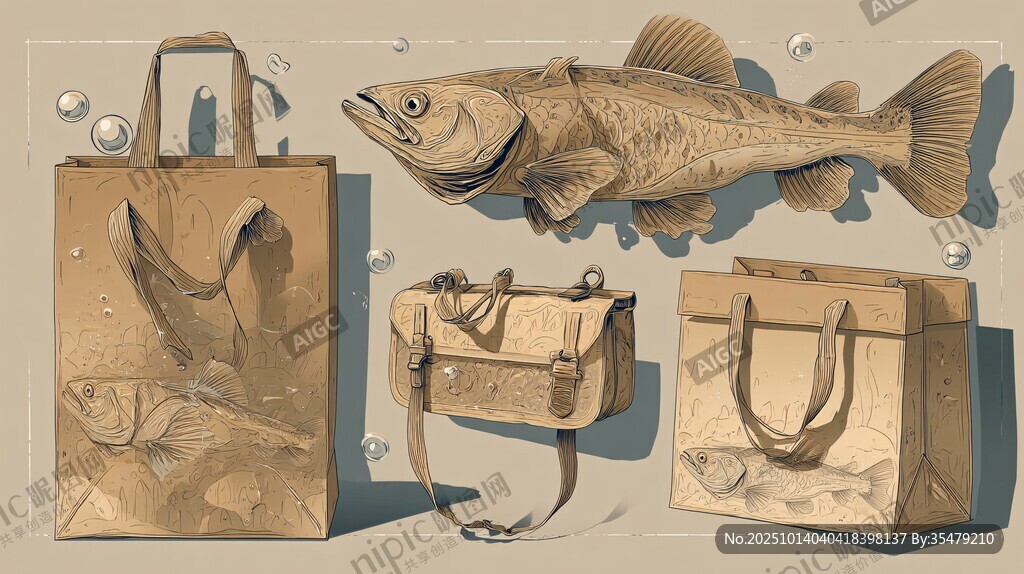复古风鱼与手提包插画