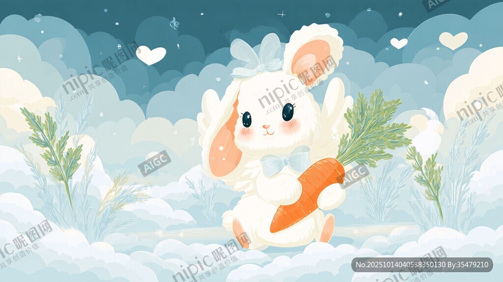 雪中小白兔抱萝卜的梦幻场景
