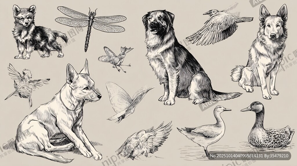 动物手绘集合 犬鸟昆虫