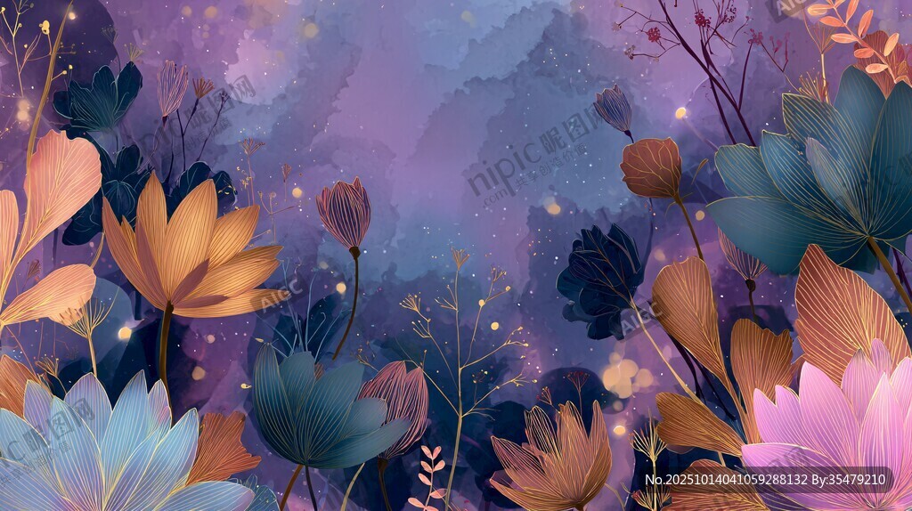 梦幻花卉夜景插画