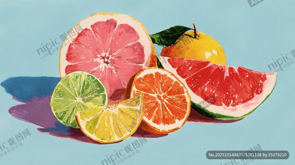 多彩切片柑橘类水果静物画