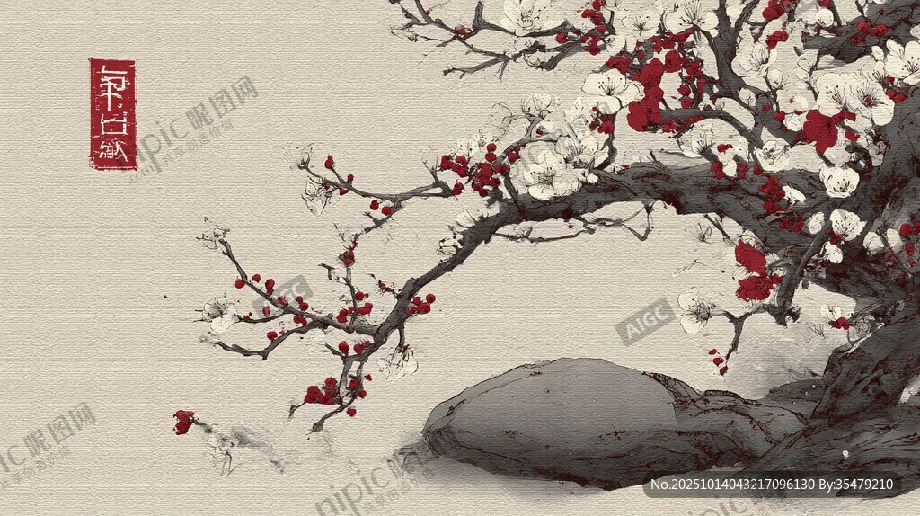 水墨红梅倚石图