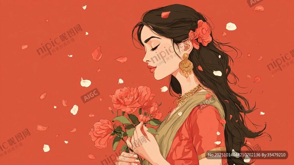 红衣女子手持玫瑰静立