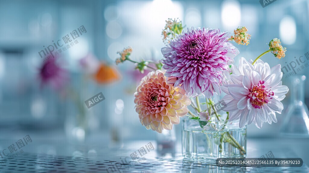 玻璃花瓶中的多彩鲜花