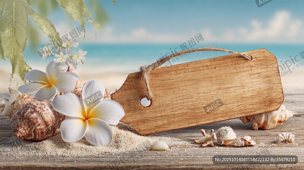 海滨木牌与贝壳花卉美景