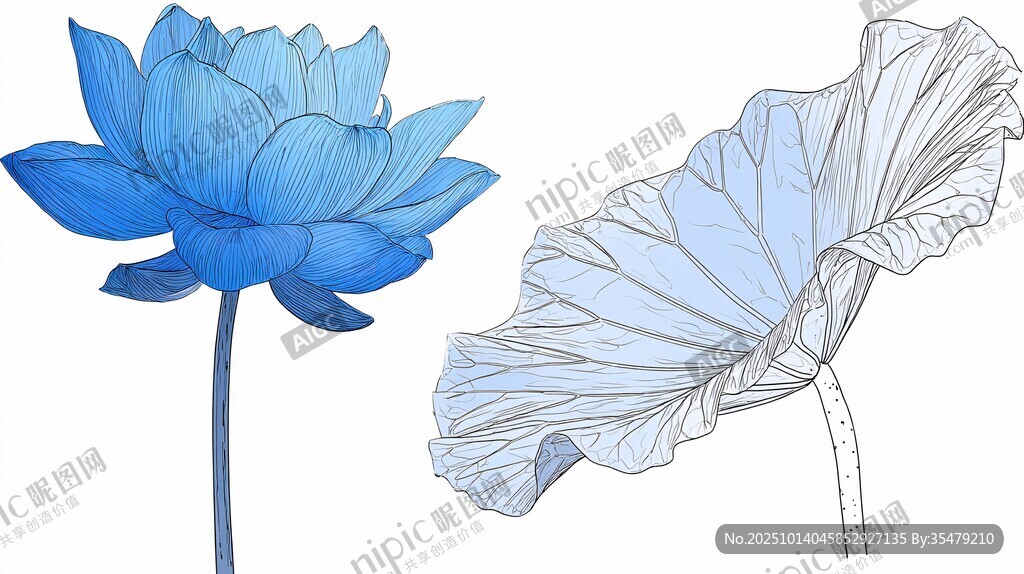 蓝色荷花与荷叶插画