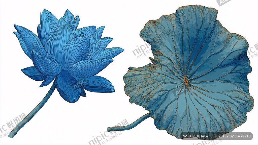 蓝色荷花与荷叶插画