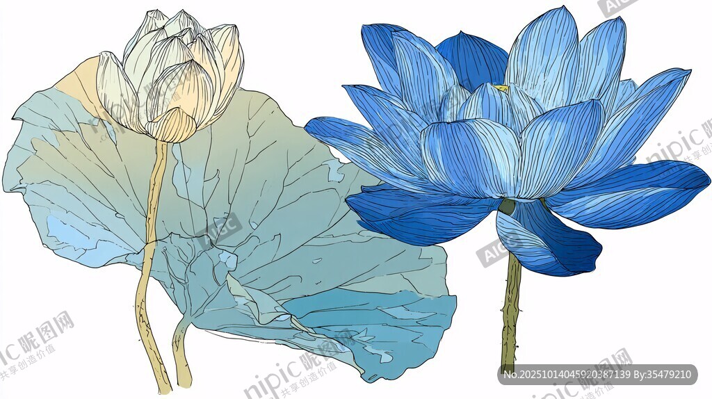蓝白水墨风荷花荷叶插画