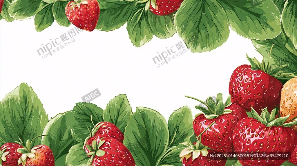 水彩风草莓绿叶装饰图