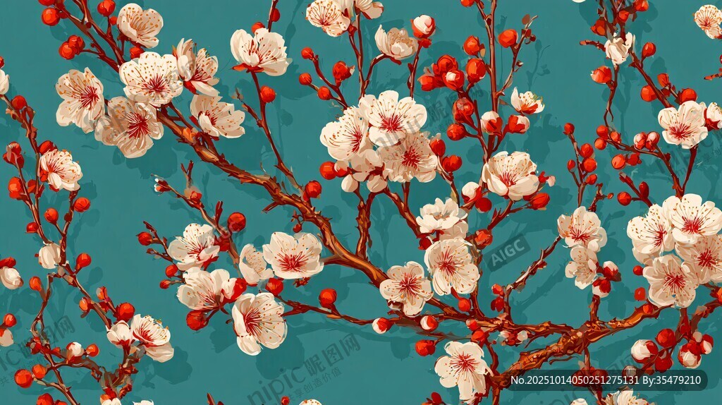 蓝底绽放的烂漫粉色花朵