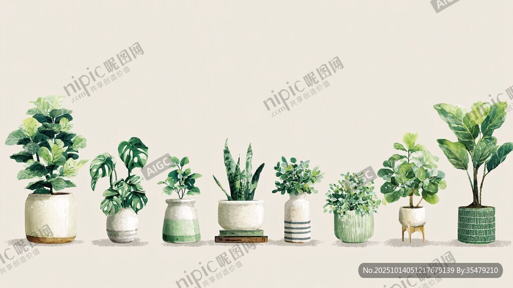 一排清新绿植盆栽展示