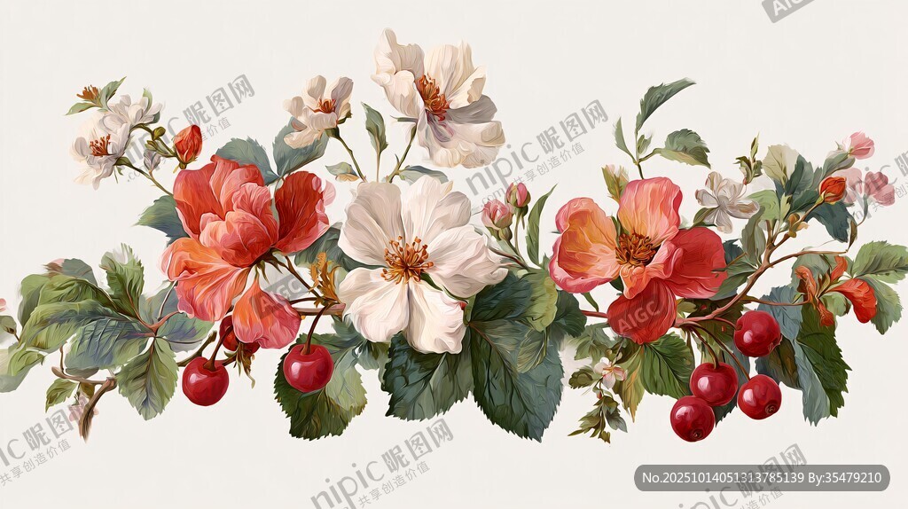 复古风花卉与浆果装饰图