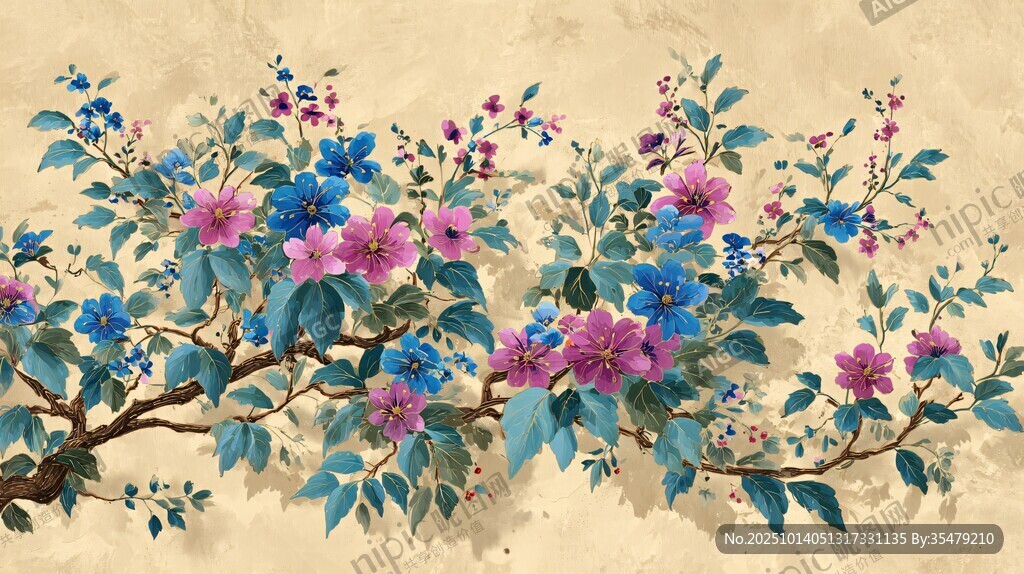 复古风繁花枝头插画