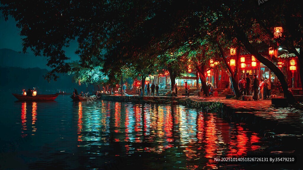 湖畔夜景 灯笼摇曳映水光