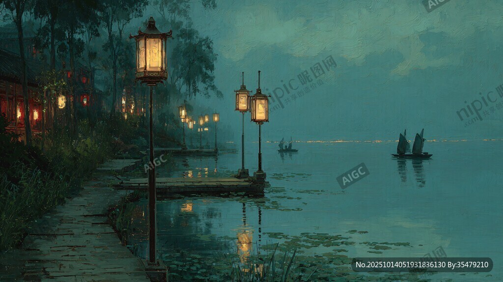湖畔夜景 灯影摇曳小船悠