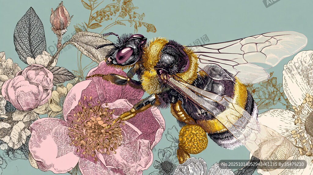 蜜蜂花间采蜜插画图