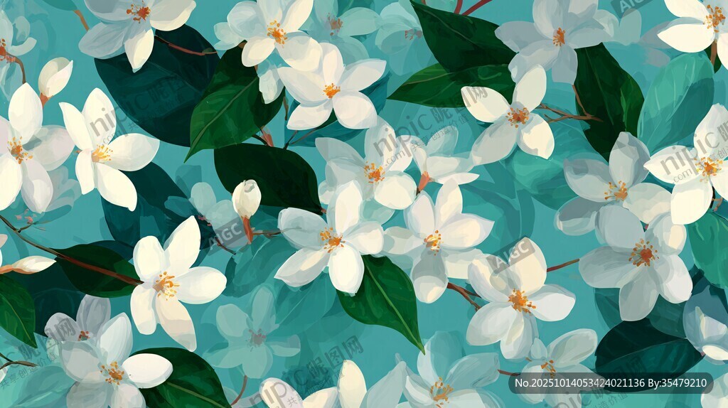 清新白花绿叶花卉图案