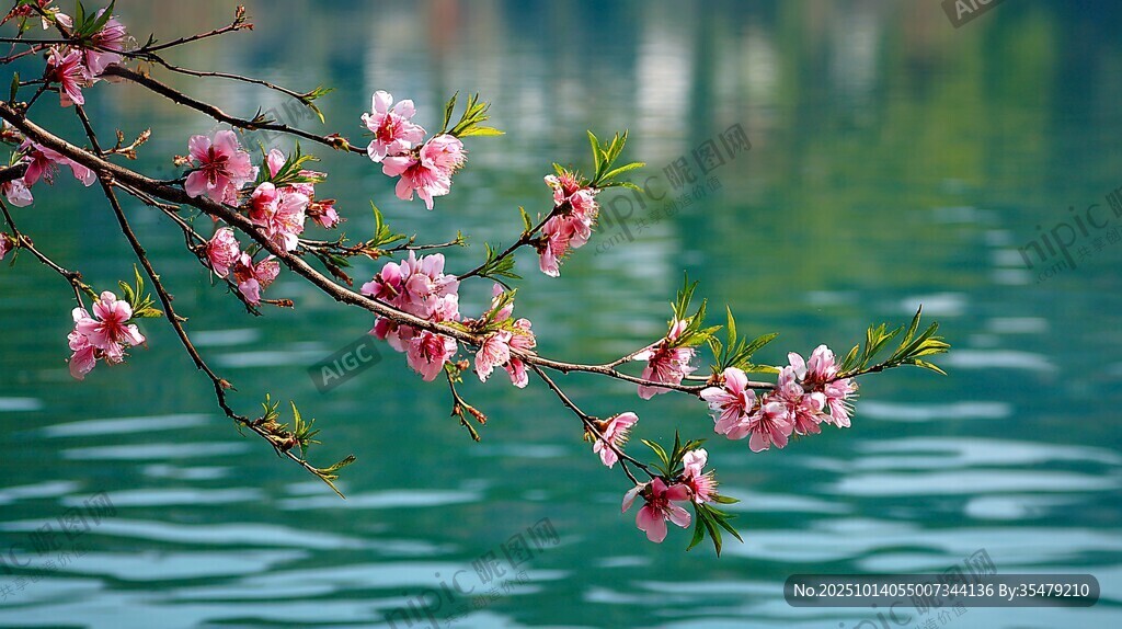 湖畔桃花绽放