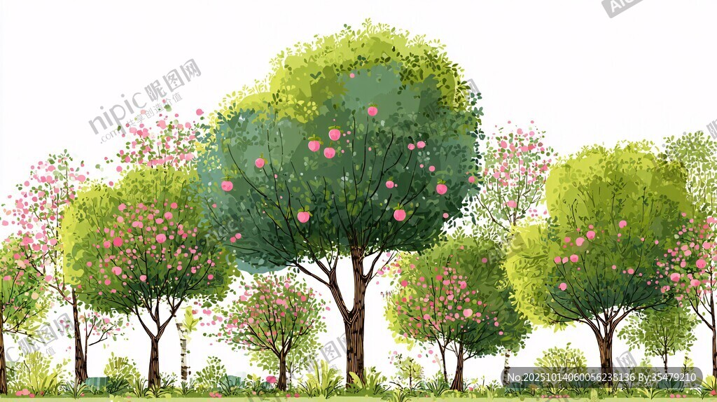 春日繁花绿树风景图