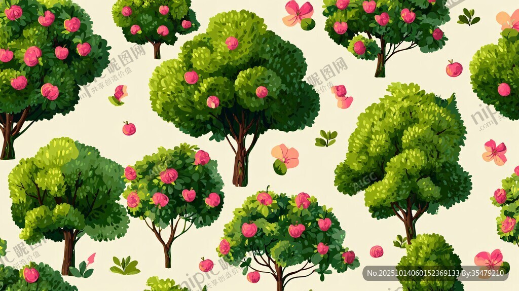 春日繁花绿树图案背景