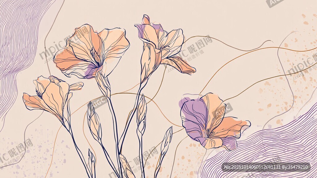 手绘淡雅花卉线条插画