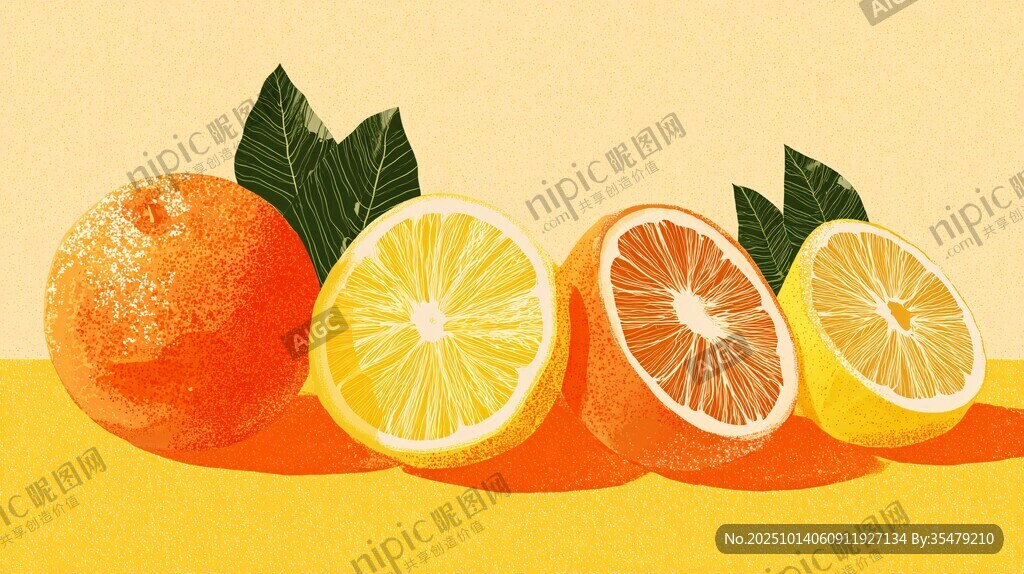 新鲜柑橘类水果插画展示