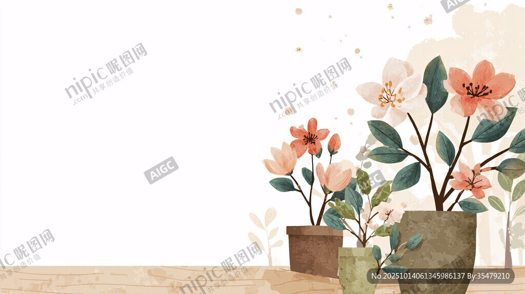 窗边花卉盆栽清新插画