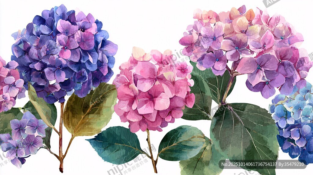 多彩绣球花水彩插画