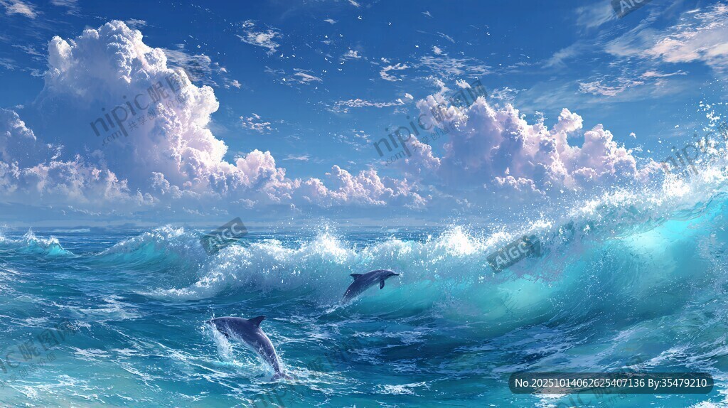 梦幻海洋上的海豚跃浪图景