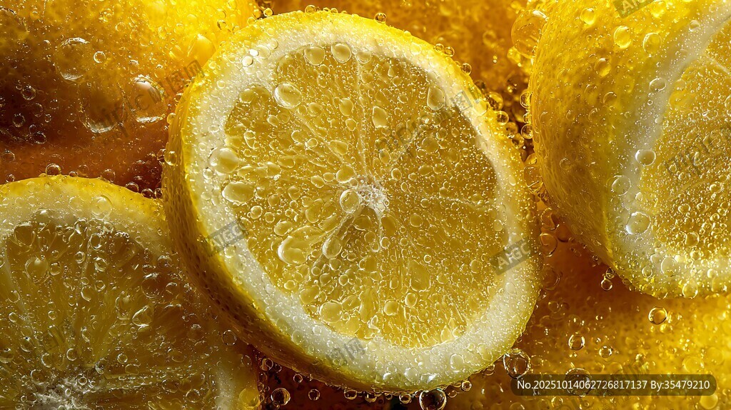 柠檬切片在气泡水中闪耀