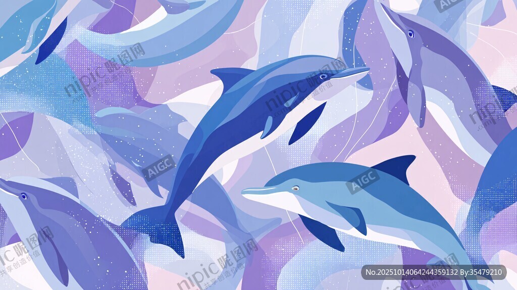 海豚群游梦幻插画背景图