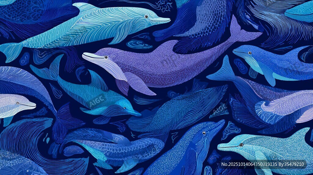 海洋海豚群绘图案设计