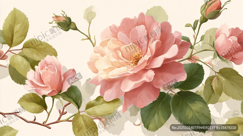 粉色蔷薇花卉唯美插画