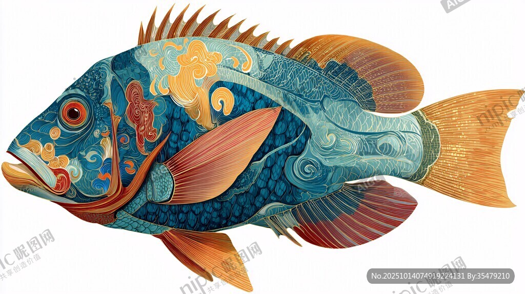 奇幻花纹彩色鱼插画