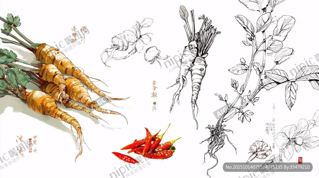 手绘根茎蔬菜与红辣椒