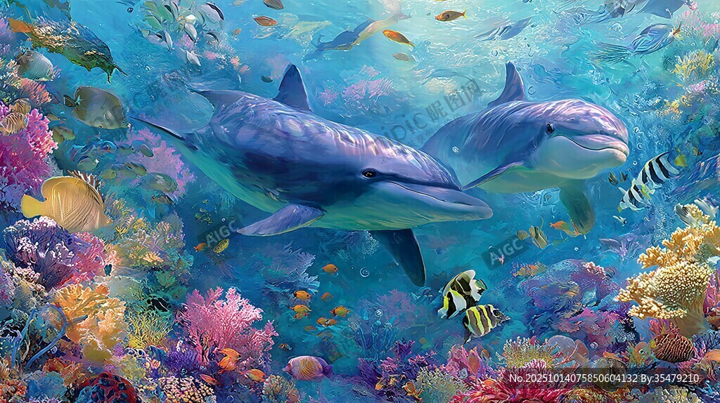 梦幻海底的双海豚共游