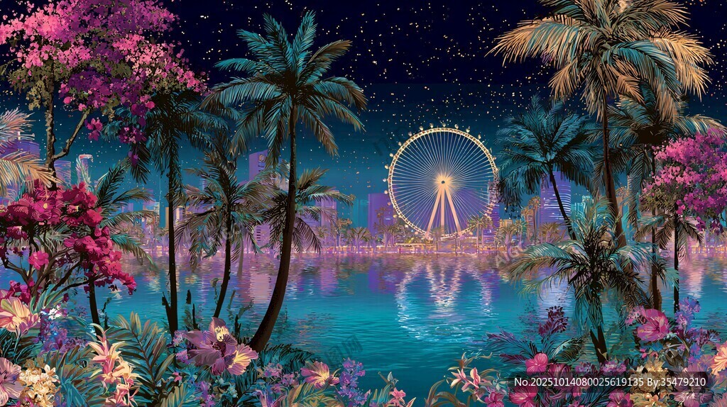 梦幻夜景中的摩天轮与棕榈树