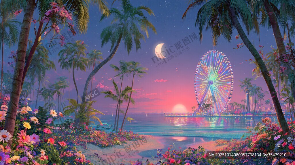 梦幻海滨月夜下的浪漫景致