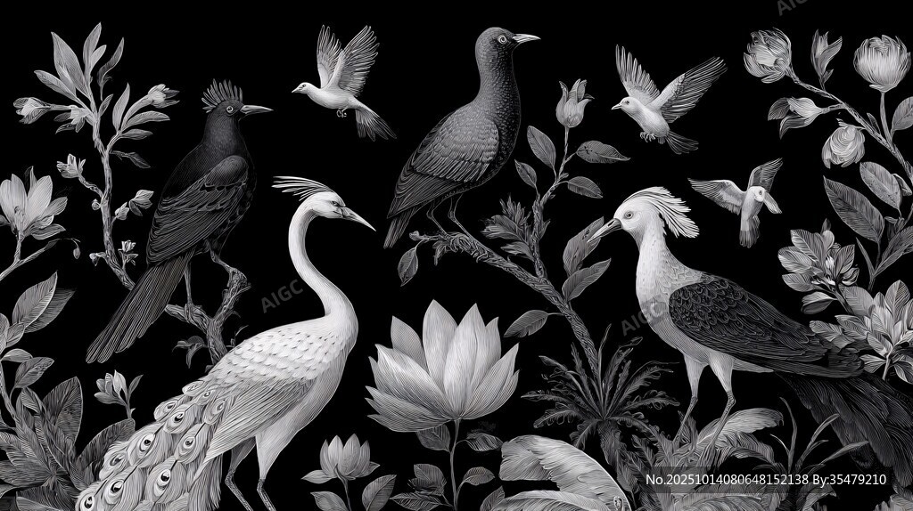 黑白花鸟图案装饰画