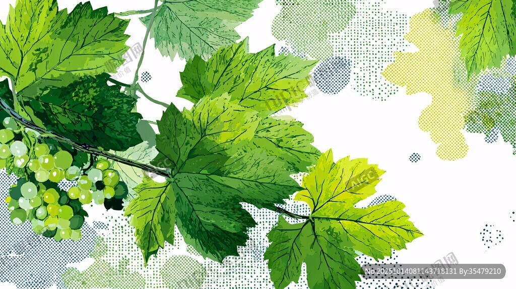 水彩绘葡萄枝叶清新画面