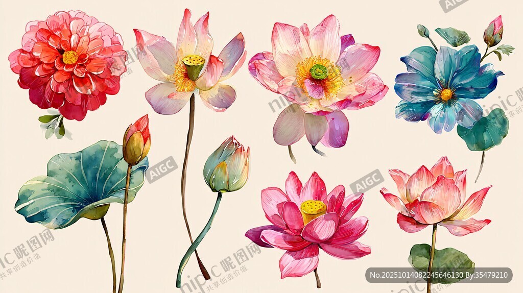 水彩花卉插画 多彩莲花绽放