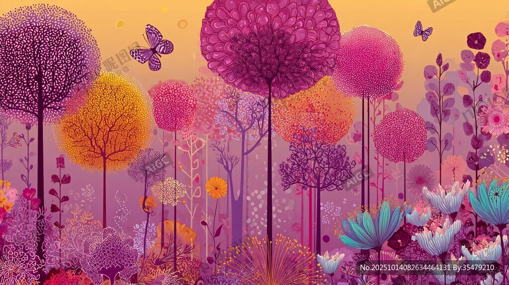 梦幻多彩花卉森林插画