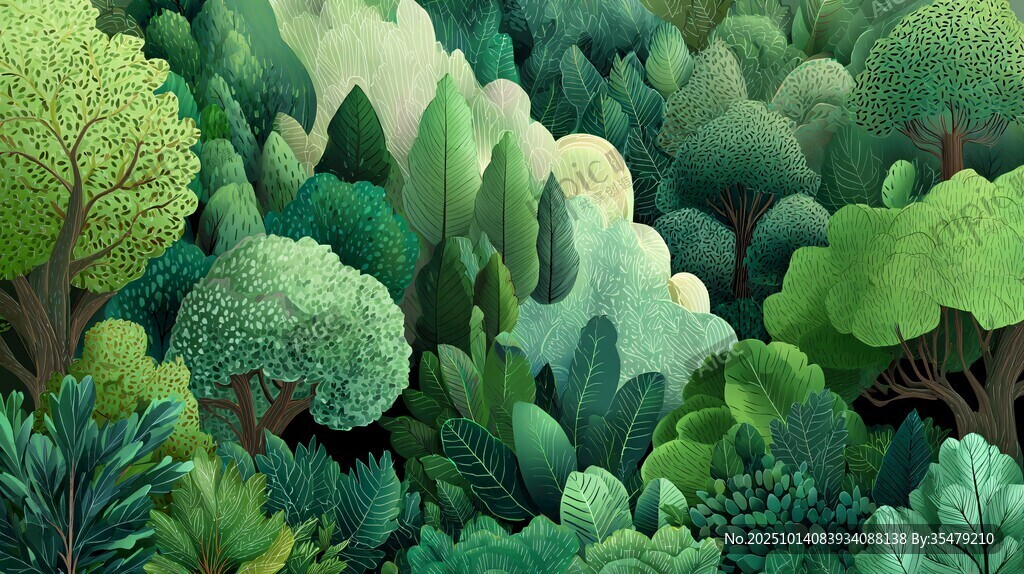 梦幻绿色森林景观插画